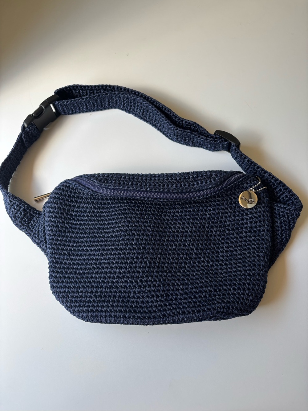 The Sak Caraway Navy Blue Crochet Belt Bag Adjustable Waist Strap Travel